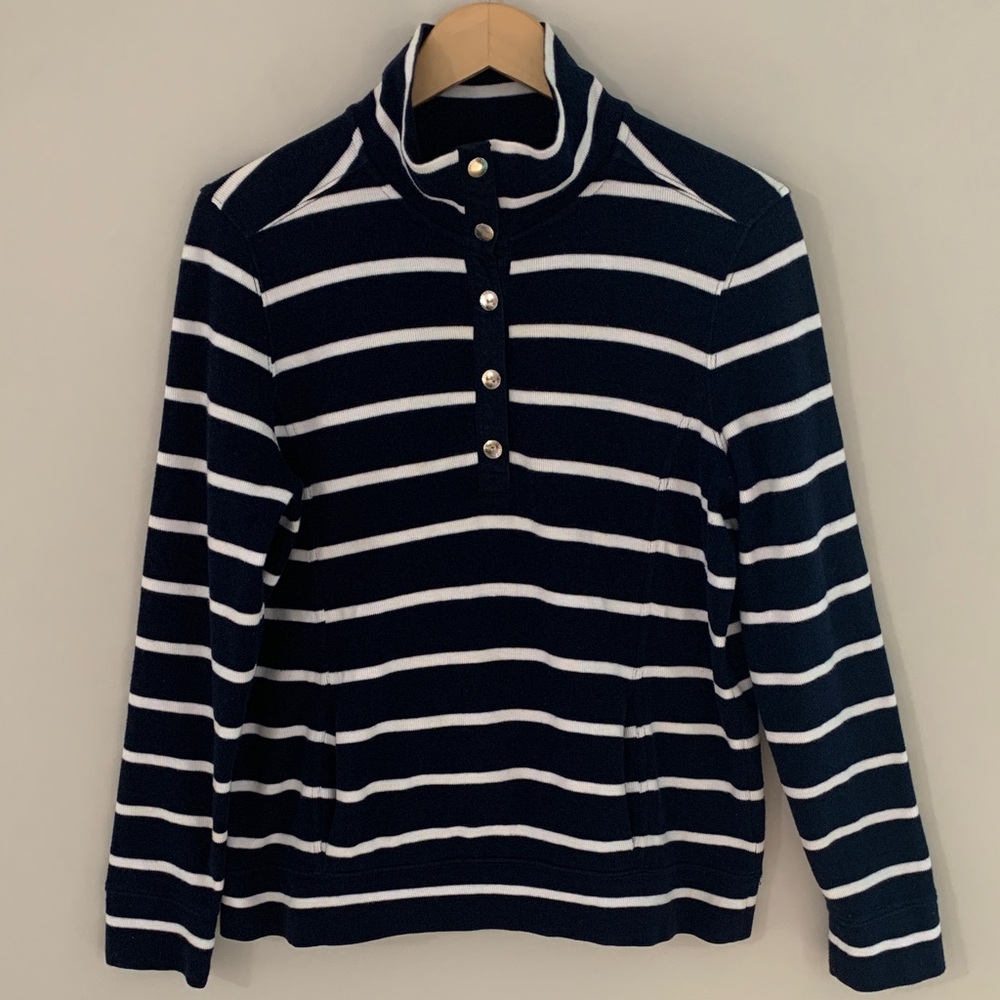 Lauren Ralph Lauren Striped Button Neck Polo Sweater Size XL Navy Blue And White